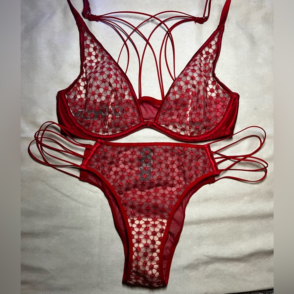 NWOT Victoria Secret Red Mesh Lingerie Set 32B/M